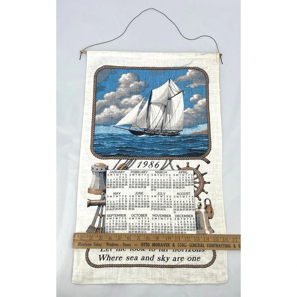 Vintage 1986 Linen Wall Calendar Sailboat Nautical‎ Maritime Hanging 16x27